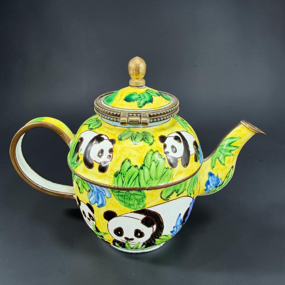Kelvin Chen Miniature Panda Teapot Enamel Hand Painted No 401 2001 Yellow 3x4